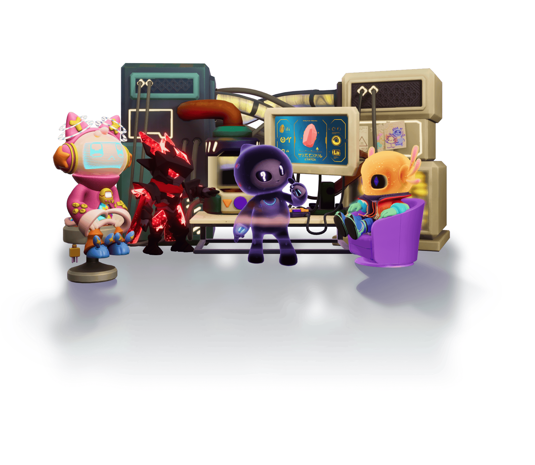 Game characters sitting at desks developing games